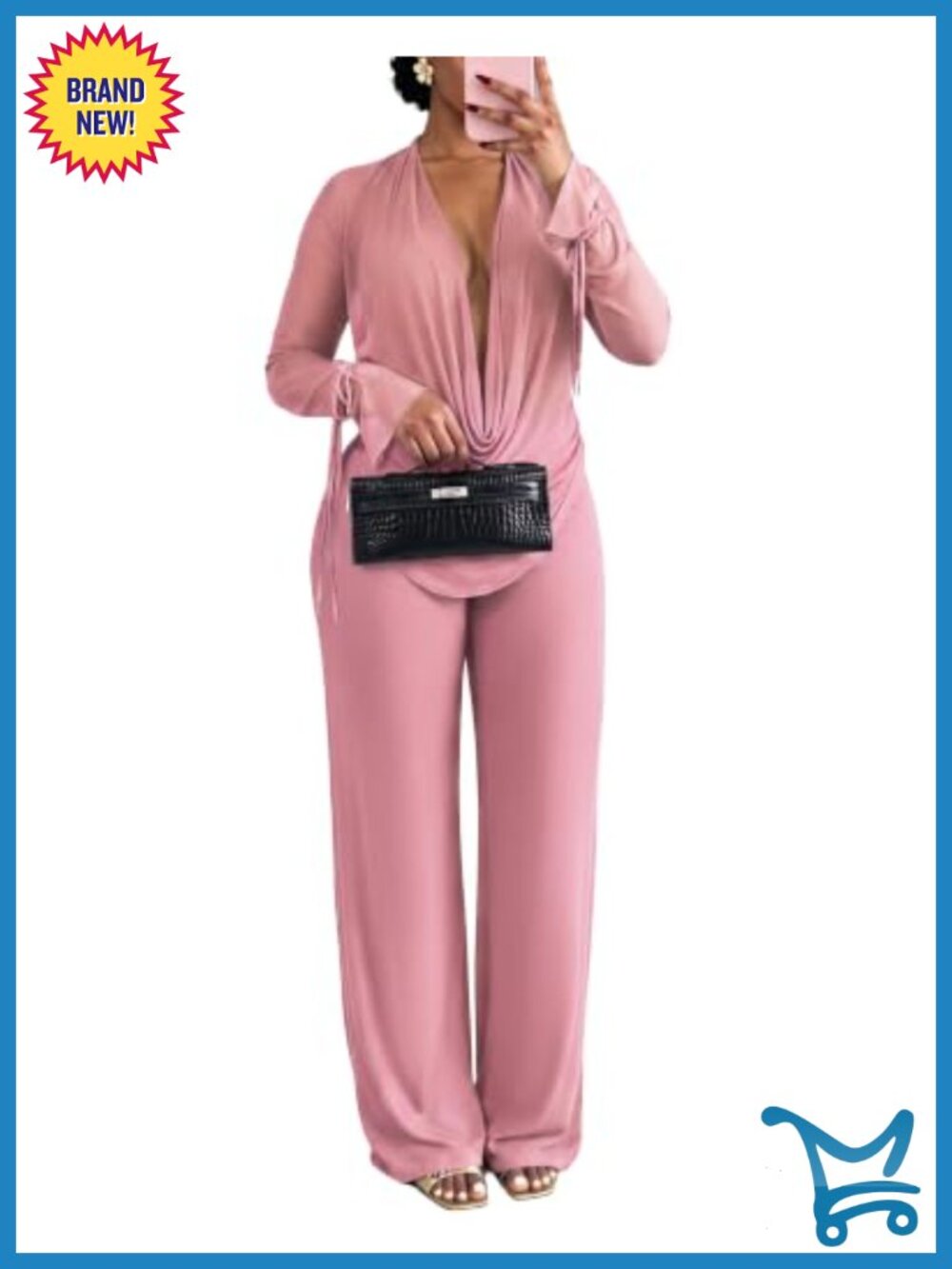 Women Mesh 2 Piece Outfit Cowl Neck Top Wide Leg Pants Set Polyester Spandex